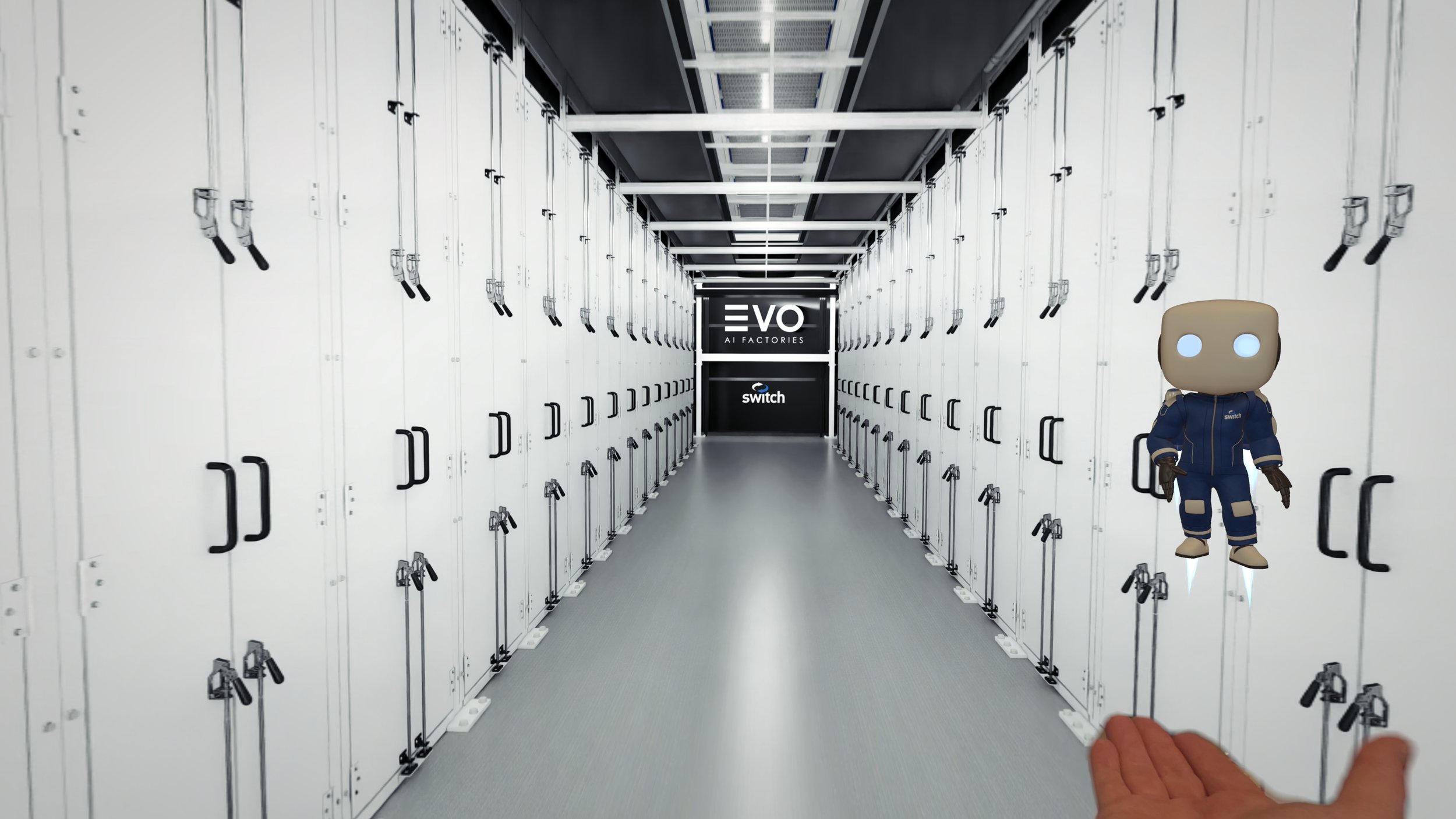 A native robot guide hovering above a hand inside the EVO AI Factory digital twin.