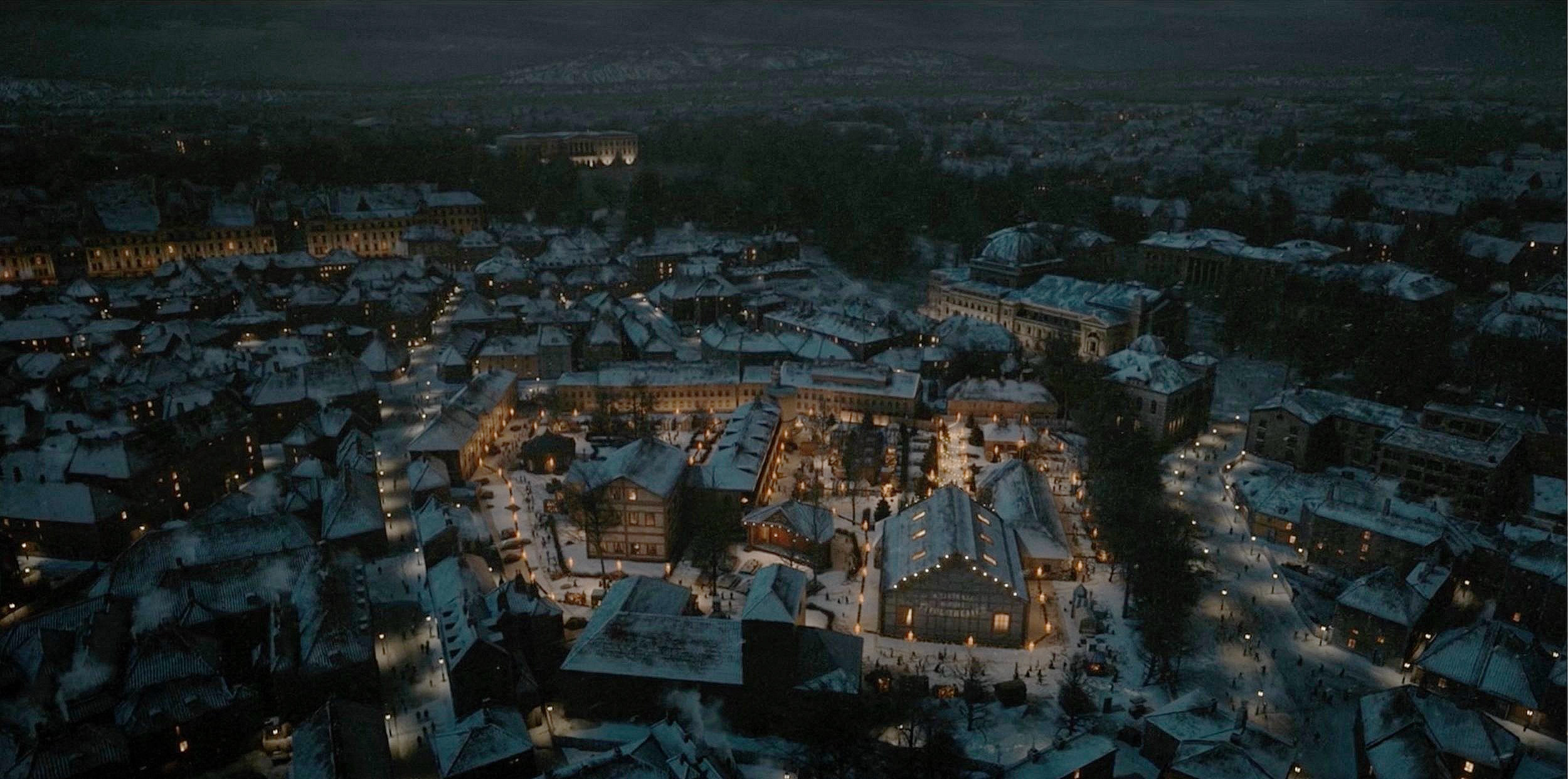 A snowy night-time city created with Nordisk Film’s procedural city generator.