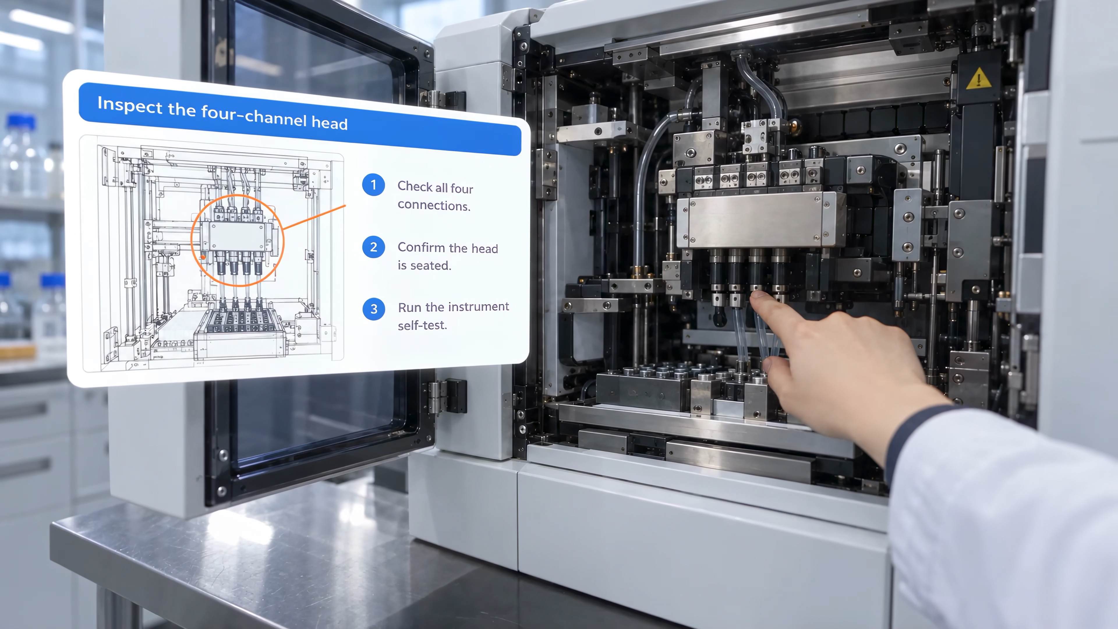 Tandem promotional still with a machine, a pointing hand and a floating maintenance guide.